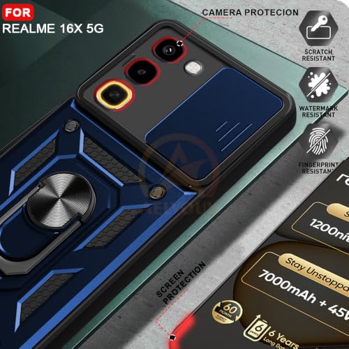 Image of Armor Bumper Back Cover Case for Realme 16X 5G Rotating Camera Cover, Ring Holder & Kickstand | Heavy Duty & 360 Degree Protection Back Cover for Realme 16X 5G (Blue)