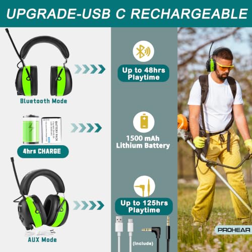 Image of PROHEAR 033 2Pack Bluetooth 5.4 Hearing Protection AM FM Radio Headphones, Upgraded Noise Reduction Safety Earmuffs with Rechargeable 1500 mAH Battery, Ear Protector for Mowing Lawn Work, 2Green