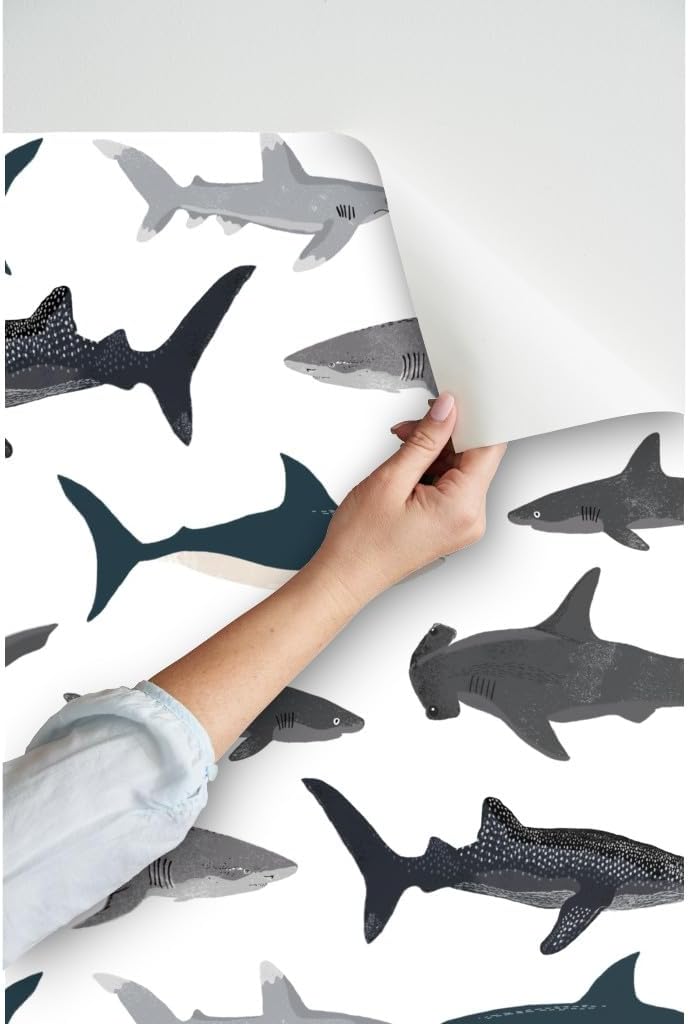Peel & Stick Wallpaper 3ft x 2ft - Extra Large Shark Nautical Boys White Kids Ocean Sea Tiger Hammerhead Custom Removable Wallpaper by Spoonflower