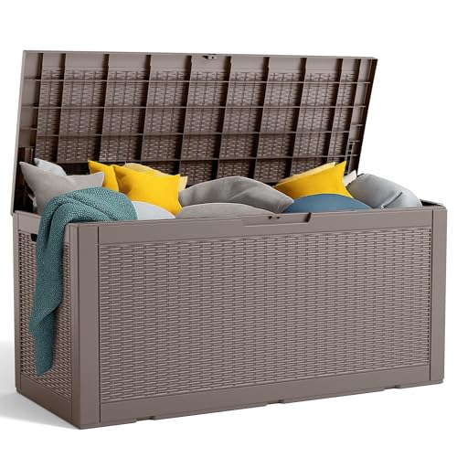 PatioZen 120 Gallon Resin Deck Box, Lockable Patio Outdoor Storage
