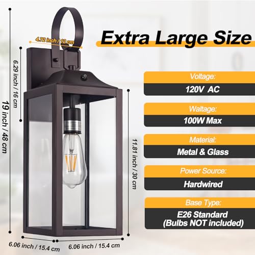 Image of 19 inch Large Dusk to Dawn Outdoor Lighting Bronze 2 Pack | Anti Rust Outdoor Wall Sconce Lantern Lamp, Waterproof Sensor Exterior Light Fixtures, Porch Light for Doorway, Garage, Patio