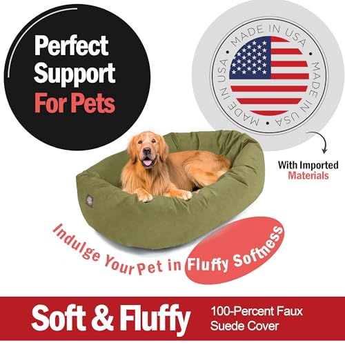 Image of Majestic Pet Suede Shredded Memory Foam Mix Calming Dog Bed Washable - Cozy Soft Round Dog Bed with Spine for Head Support - Fluffy Donut Dog Bed, 40 Inch, Sage