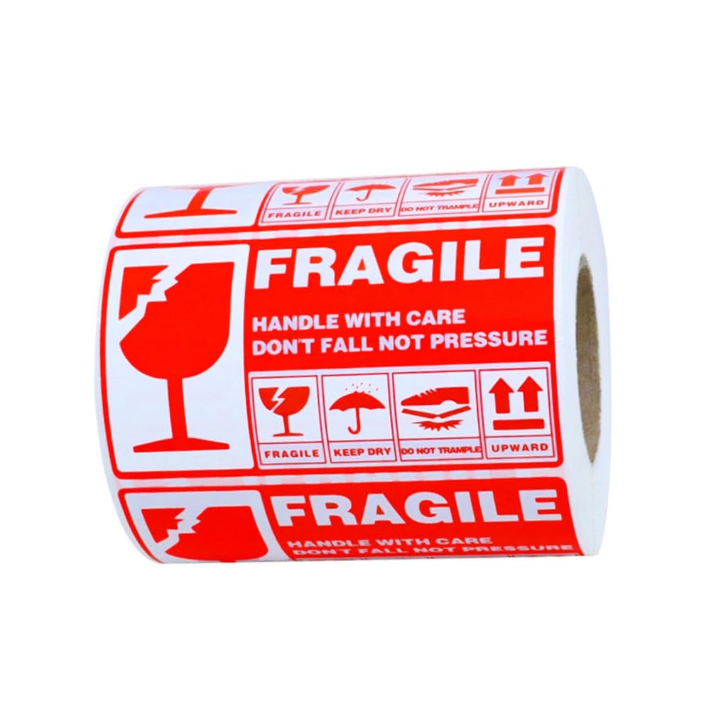 Etichette Adesive Fragili Rosse da Spedizione 300 Pezzi, Rotolo Carta | Alta Visibilità, Riduce Rischio, Uso in Magazzino e Centri di Distribuzione, per Legno e Opere D’Arte