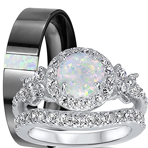 LaRaso & Co His Hers TRIO Wedding Set Titanium Band Sterling Silver White Opal Bridal Engagement Ring Set Him Her