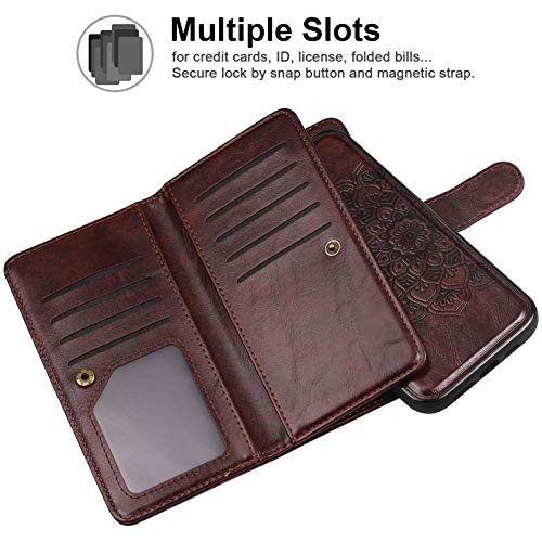 51atDP15mAL Vofolen Compatible with iPhone 12 Pro Max Case 5G Wallet for Women Girl Detachable Strap 2-in-1 Credit Card Holder 9-Slot Protective Hard Shell Magnetic Leather Folio Pocket Flip Cover Mandala Brown - Image 5