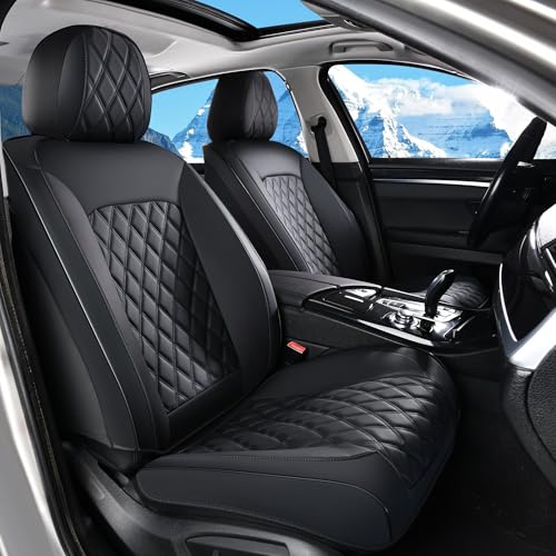 Image of Huidasource Car Seat Covers Full Set, Seat Covers Nappa Leather Universal Fit for Most Cars, Vans, Trucks, SUVs, Compatible with Airbags, Child Seat, Car Seat Cover Velcro Adjustable (Full Set /Black)