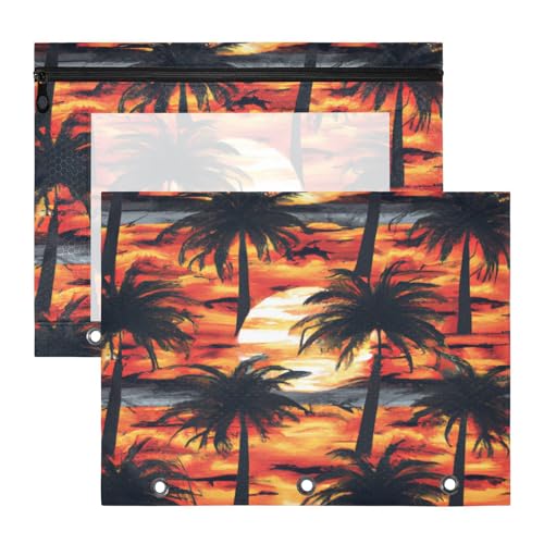 ATTX Pacote com 2 bolsas para fichário de palmeiras do pôr do sol - Bolsa impermeável com zíper com 3 anéis com janela transparente, acessórios de material de escritório para estojos de lápis e