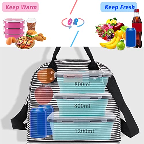 Baloray Reusable Lunch Bag For Women Men Leakproof Multi-Functional With Shoulder Strap Adult Lunch Box Thermal Cooler Bag Lunch Container For Women Men Work Picnic (Black White Strip) #TOP2