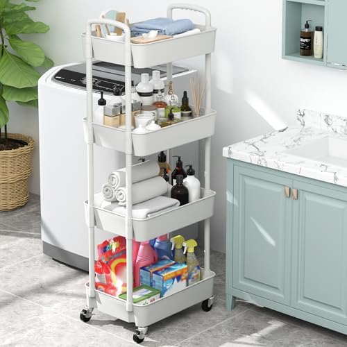 Image of Sywhitta 4-Tier Plastic Rolling Utility Cart with Handle, Multi-Functional Storage Trolley for Office, Living Room, Kitchen, Movable Storage Organizer with Wheels, White (Pack of 2)