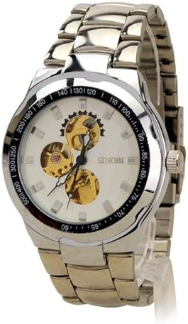SINOBI Simple Metal Band Self-Winding Automatic Mechanical Wristwatch with Water Resistance and Stainless Steel Back-White