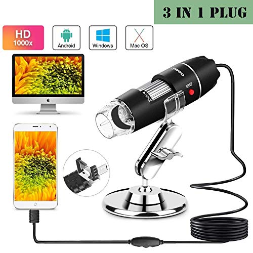 USB Digital Microscope, Upgrade 1000x HD USB Microscope with 8 LED, Mini Magnification Endoscope with Type-C OTG Adapter and Metal Stand, Compatible with Mac Window 7 8 10 Android Linux