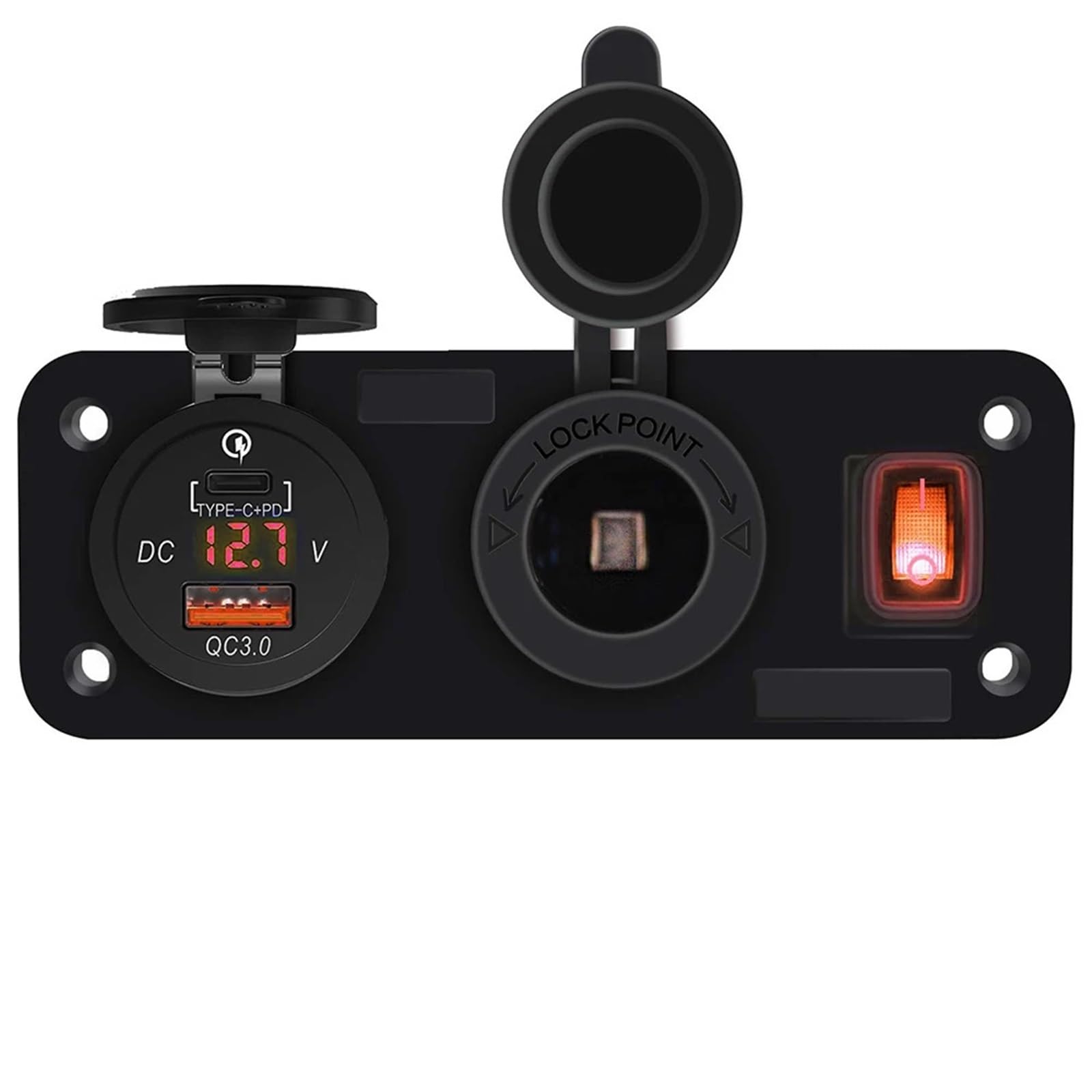 Chargeur rapide double USB, panneau multiport, répartiteur allume-cigare avec voltmètre, interrupteur for voiture, moto, bateau(Red Light)