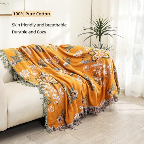 Boho Large Throw Blanket, 100% Organic Cotton Breathable Soft Bed Throw - Floral Bird Farmhouse Decor Blanket for Sofa Couch Chair Quilt and Gift. (Flower-Art, 80" x 90")