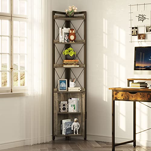 Rolanstar Corner Shelf 5-Tier With Storage, Corner Bookshelf Stand Storage Rack Plant Stand For Living Room, Home Office, Kitchen, Small Space, Grey 12.5"D X 18.9"W X 70.9"H #TOP1