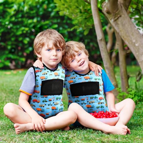Image of Janmercy Weighted Vest for Kids Ages 4 to 7 and Ages 8+ Boy Girl Adjustable Breathable Compression Vest for Processing Issue(Truck,Small,Dark Blue)