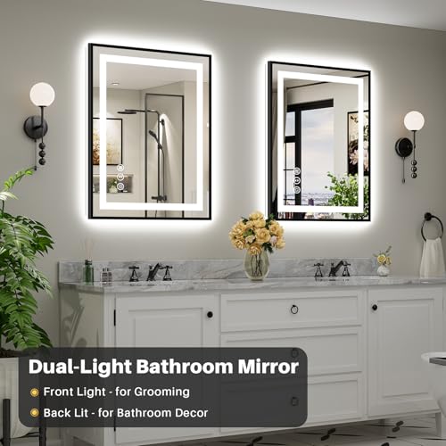 Image of 28X36 Inch LED Bathroom Mirror with Black Frame, Backlit & Front Lit, Anti-Fog Lighted Bathroom Vanity Mirror for Wall, Memory Function, Dimmable, HD Tempered Glass, Shatter-Proof