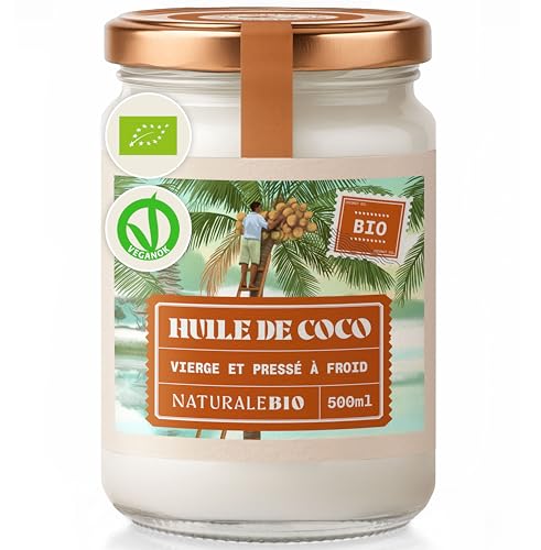 NaturaleBio Huile de Coco Bio Vierge 500 ml. Crue et Pressée à Froid. Organique et Naturel. Huile Bio Native Non Raffinée. Pays d'origine Sri Lanka.