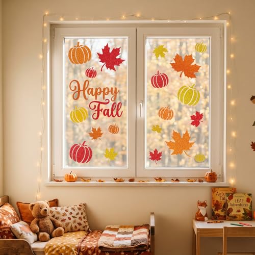 Image of 6 Sheets Fall Window Clings Decor, Glitter Maple Leaf Pumpkin Window Decals | Thanksgiving Window Stickers with Sparkling Powder, Happy Fall Decorations for Home Office School Classroom Indoor Party