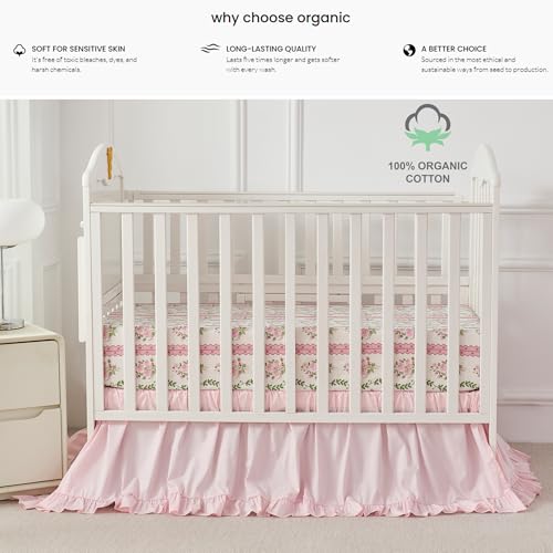 Image of Brandream Organic Crib Fitted Sheets for Baby Girls, Floral Stripes and Vines Grandmillennial Fitted Crib Sheet for Standard Crib /Toddler Mattress Super Soft 100% Cotton Cottagecore Pink Baby Sheet