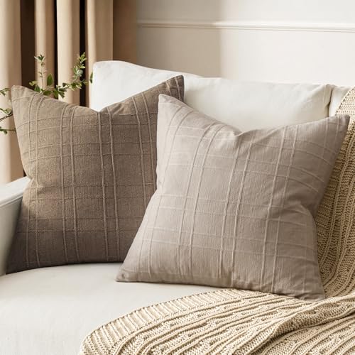 Image of MIULEE Decorative Linen Check Throw Pillow Covers Neutral Farmhouse Vintage Pillow Covers 20x20 Set of 2 Boho Modern Home Decor for Sofa Couch Bedroom Cushion Natural Linen
