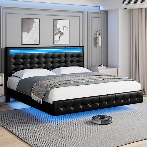 King Bed Frame with LED Lights Visual-Floating Bed for Modern Space, Upholstered Leather Headboard and Footboard Platform Bed with Spacious Under Bed Storage, Wood Slats Support Easy Assembly, Black