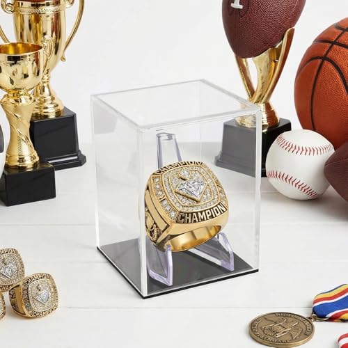 Image of Clear Acrylic Championship Ring Display Case with Black Base, Memorabilia Stand Cube Holder, Dust Protective Transparent Storage Box for Single Rings Souvenir Ring Collections