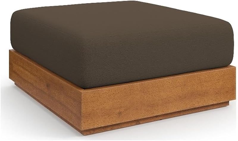 Tahoe Acacia Wood Outdoor Ottoman in Natural Cocoa with Weather-Resistant Cushion - Ideal as Outdoor Footstool or Sunroom Furniture Accessory