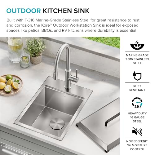 KRAUS Kore 15-inch Outdoor Drop In/Top Mount 16-Gauge Marine Grade T-316 Stainless Steel Single Bowl Workstation Kitchen Sink with Outdoor Sink Cover, KCA-1801 by Kraus - Used condition - Image 2