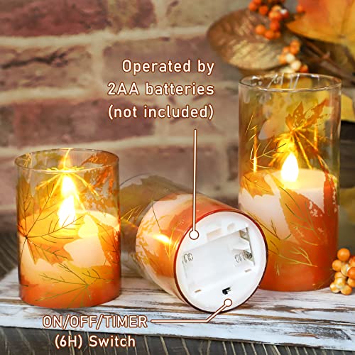 Image of Fall Decor Flameless Candles, Battery Operated with Remote, Maple Leave Glass LED Flickering Candles Realistic Pillar Candles with Timer Home Decor Candles for Thanksgiving, Fall, Halloween