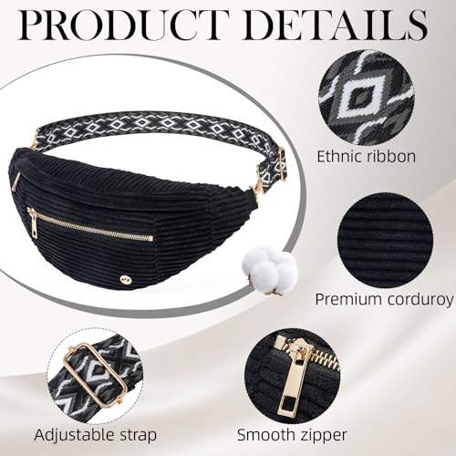 Image of MAXTOP Black Crossbody Bags for Women Corduroy Fanny Packs for Women Vintage Sling Waist Bag with Geometric Wide Strap Fashion Shoulder Bag Lightweight Belt Bag for Travel Casual Outdoors