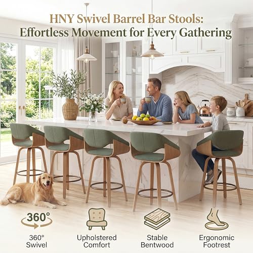 Image of 26'' Modern Barrel Swivel Counter Stools Counter Height Swivel Bar Stools with Backs Set of 2, Green Linen Upholstered Bar Height stools, Farmhouse Solid Wood Barstools for Kitchen Island, Home Bar