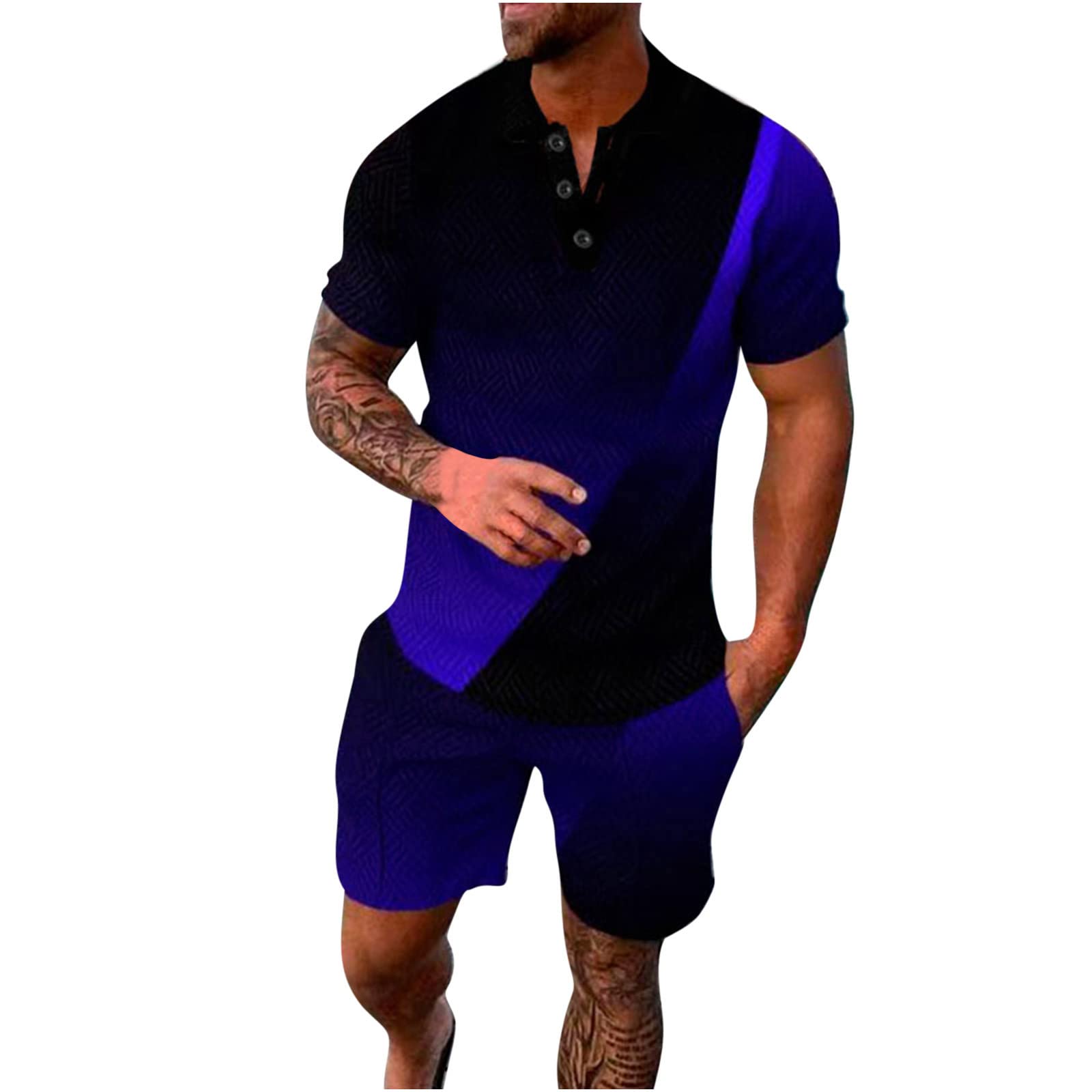 Generic 2024 Chándal Estampada para hombre de dos piezas de verano de 2 piezas conjuntos Botones Cuello Solapa Casual Bolsillos Comodidad Elástico Hawaiana Vacaciones Playa Suelta Moda running fitness
