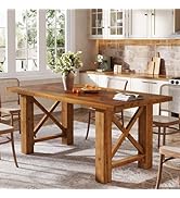 TRIBEWOOD 63-Inch Farmhouse Dining Table for 4-6, Solid Fir Wood Kitchen Table with Parquet Top a...