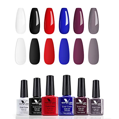 VENALISA Enamel - Juego de esmaltes de uñas de gel UV, 6 unidades de 7,5 ml, color blanco, negro, rojo y azul, juego de esmaltes de gel para uñas UV LED para decoración de uñas en casa