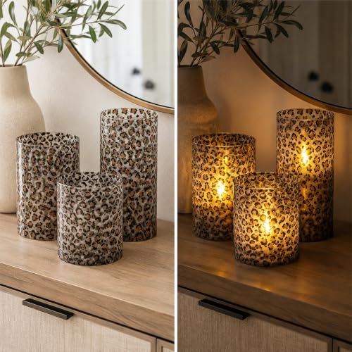 Mark Feldstein & Associates Lot de 3 Bougies piliers à LED en Verre sans Flamme avec imprimé léopard Sauvage 15,2 cm – vue 5