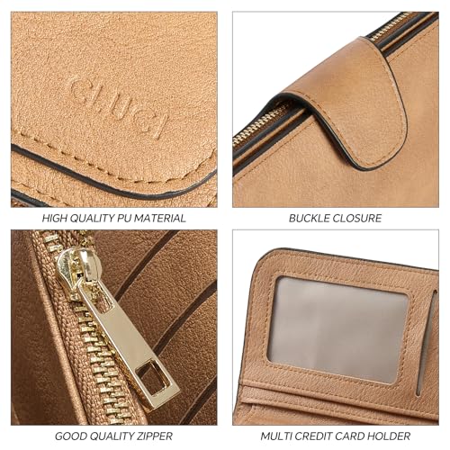 Image of CLUCI Wallet For Women PU Leather RFID Blocking Womens Wallet Bifold Card Holder with ID Window Gifts for Women Birthday, Camel, 7.68 x 1.18 x 3.94 inches, Fashion