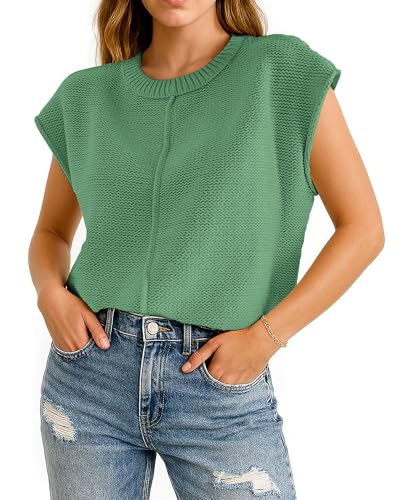 Image of COSSEN Womens Summer Cap Sleeve Tops Trendy Casual Crew Neck Knit Lightweight Sweater Pullover Top