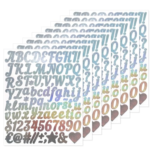 BUOKSLLY Juego de 8 hojas de letras adhesivas, pegatinas con purpurina y purpurina, 1 unidad autoadhesiva, impermeable, letras de vinilo para scrapbooking, bricolaje, decoración de fiestas (plata)