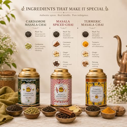 Image of Sancha Tea Boutique, Masala Chai Bundle, Value Pack with Turmeric Masala Chai, Original 3 Spice & Cardamom Masala Tea, 50 Pyramid Tea Bags & 100g Loose Leaf