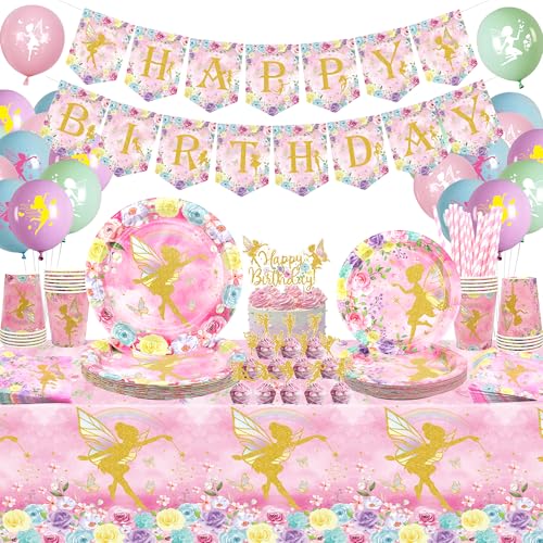 Fournitures de fête de fées: assiettes, verres, nappes, bannières et ballons pour anniversaire fille avec fleurs et fées