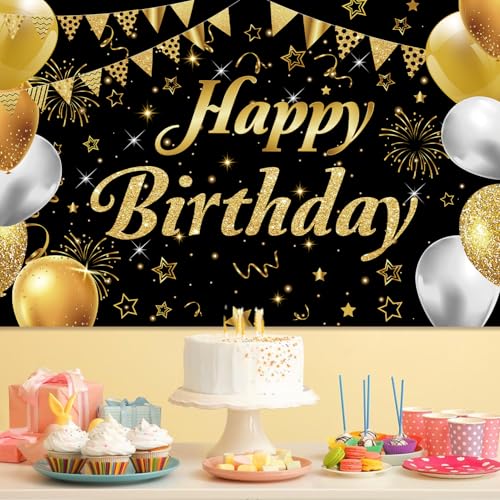 Image of Happy Birthday Banner - Decorations for Men Women Party Welcome Background Sign, Indoor Outdoor (Gold-A)