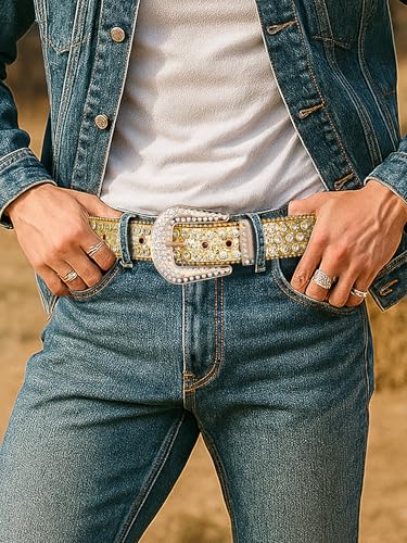 Image of SUOSDEY Women Men Rhinestone Belt Unisex Sequin Strap Bling Crystal Western Studs Glitter Luxury Belt for Jeans Pants Dress
