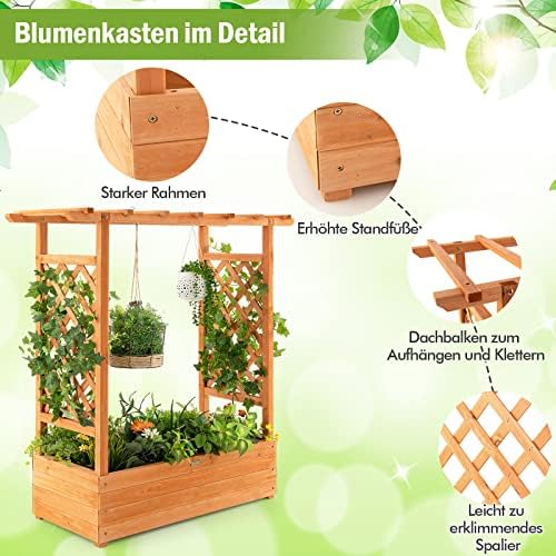 FANTASK Hochbeet mit Rankgitter & hängendem Dach, Pflanzkasten mit Rankhilfe, Blumenkasten für Kletterpflanzen & hängende Körbe 110 x 44 x113.5cm, Orange