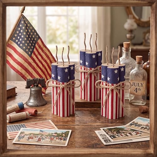 Maitys 12 Pcs Firecracker Decorations 4th of July Tiered Tray Decor Wooden Patriotic Table Decor Independence Day 250th Anniversary Firework Signs Red White Blue Centerpieces for Home Table Top Office