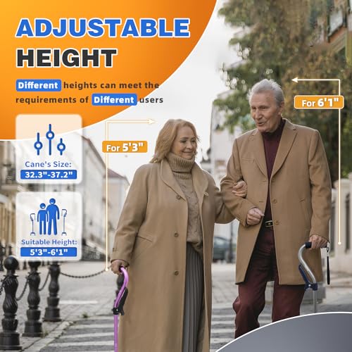 Image of BigAlex Walking Cane, Adjustable Quad Cane with 4-Pronged Base for Elderly, Collapsible Walking Stick with Lift Handle, Canes with Foam Padding Grip for Men Women and Seniors