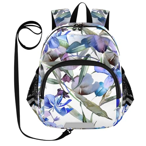 Kid's Backpack for Boys & Girls Toddler Bag Purple Blue Flower Backpack with Safety Leash