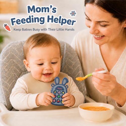 Image of Press Phone Teether for Baby Girls, Soft Silicone Teething Toy, Sensory Toy | Teething Relief, BPA-free, Freezer, for Baby 3 Months+, Cute Rabbit Design with Textures and 9 Patterns, Press & Pop for Fun!