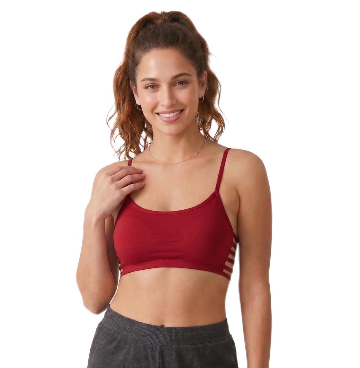 Seamless Strappy Sports Bra for Women Maroon High-Stretch Activewear Crop Top Breathable Padded Gym Bralette with Side CutOuts Stylish Yoga & Fitness Innerwear for Workout & Training-image-12