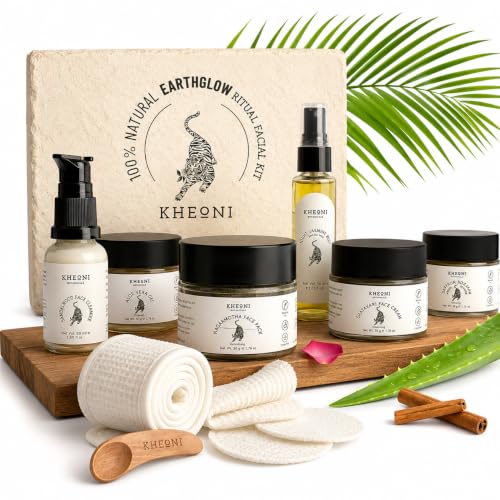 Image of 100% Natural Earthglow Ritual Facial Kit, Skin Brightening & Anti-Aging, Face Cream, Cleanser, Face Pack, Scrub, Mist, Aloe Vera Gel, Includes Accessories