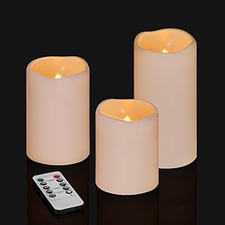 Flameless Candles 4" 5" 6" Set of 3 Ivory Outdoor Indoor Pillars 3" Diameter Battery Operated Flickering Candles Include 10-Key Remote Timer Function 400&plus; Hours by 2 AA Batteries